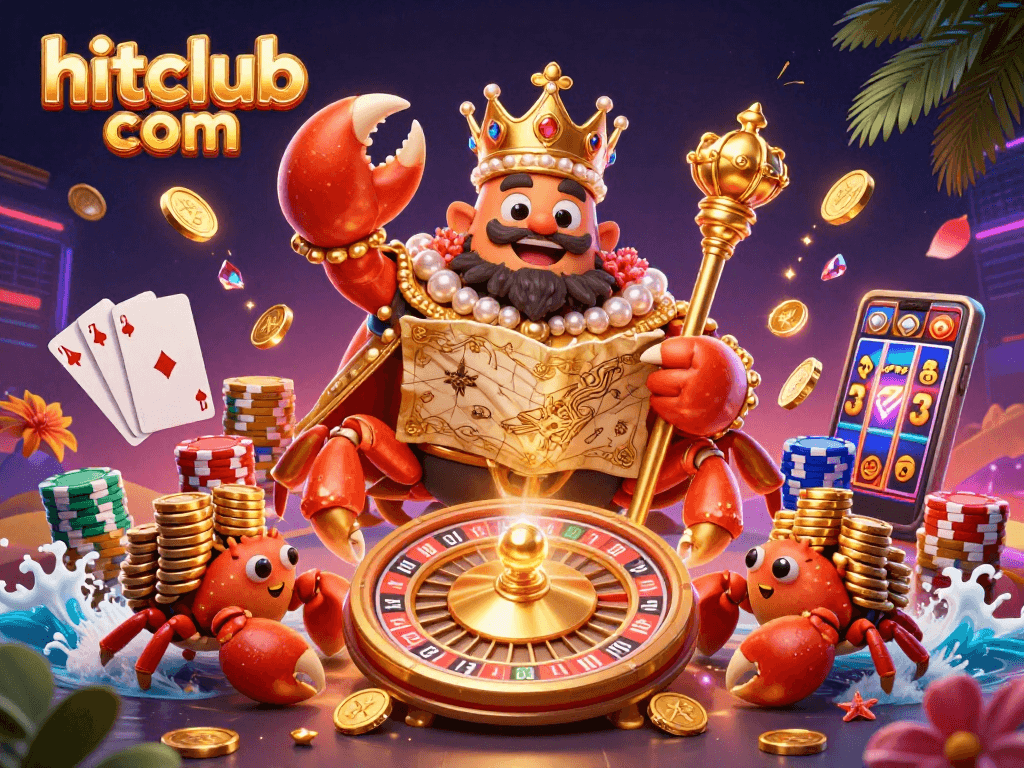 Experience exciting gameplay at hitclub com with a dynamic scene featuring a golden crab emperor and casino elements.