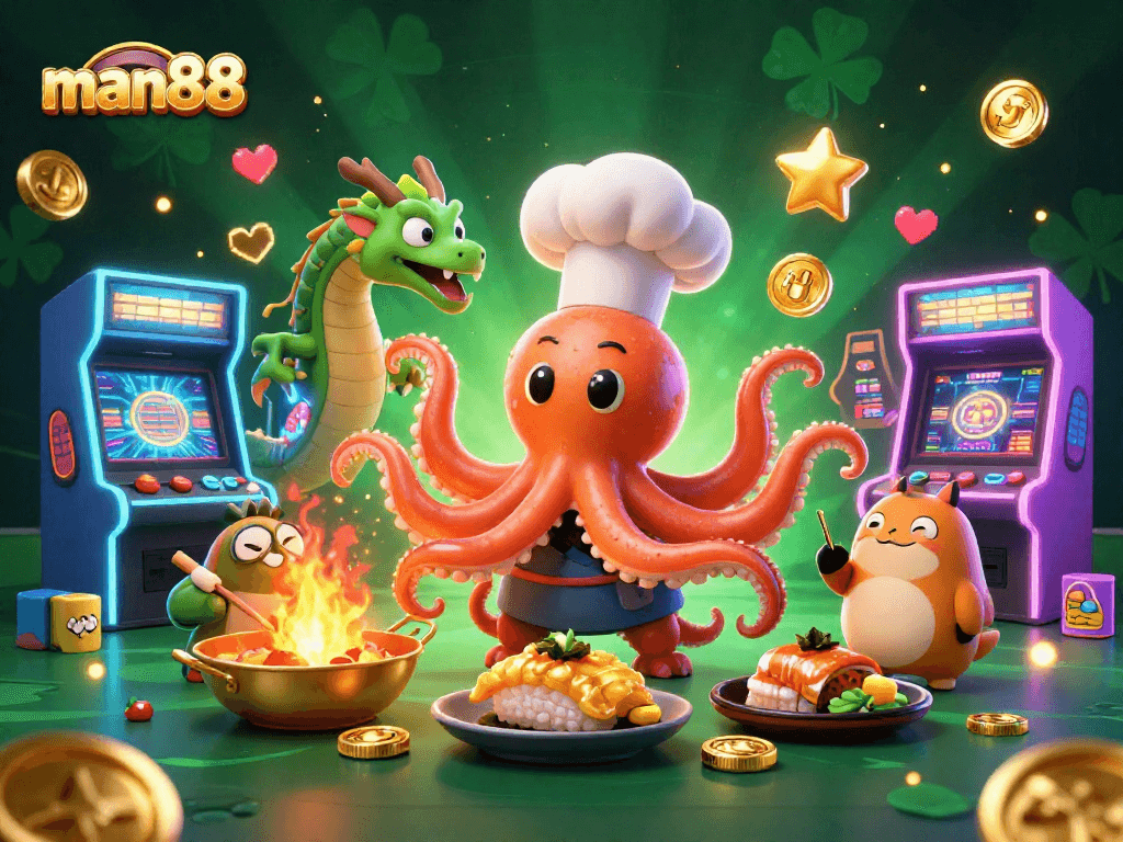 Experience man88's exciting gaming scene with vibrant characters and arcade elements.