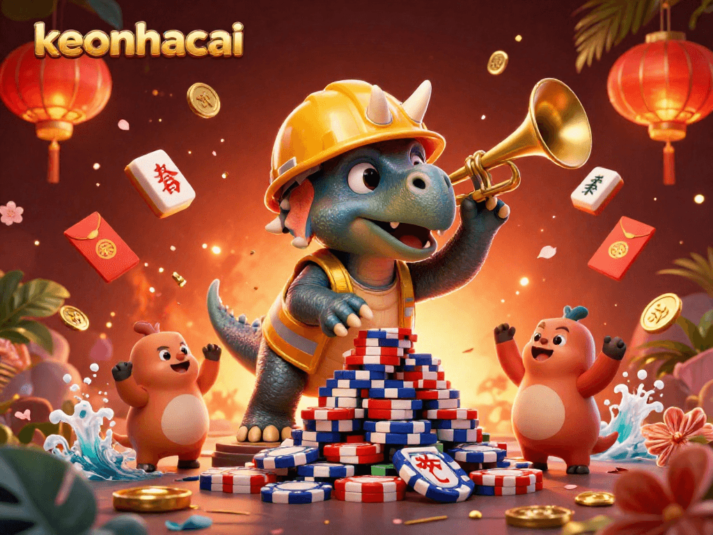 Celebrate big wins at keonhacai with animated triceratops and gambling excitement.
