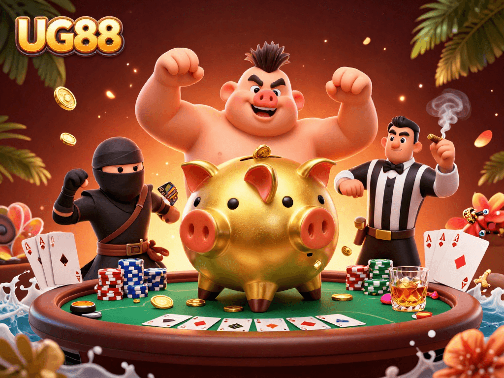 Experience thrilling entertainment at UG88 with dynamic gameplay illustrations and vibrant casino elements.