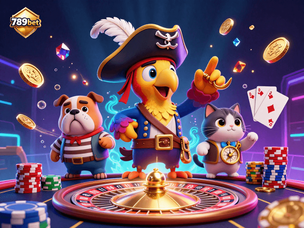 Engage in thrilling games at 789bet with vibrant casino characters surrounded by golden treasures.