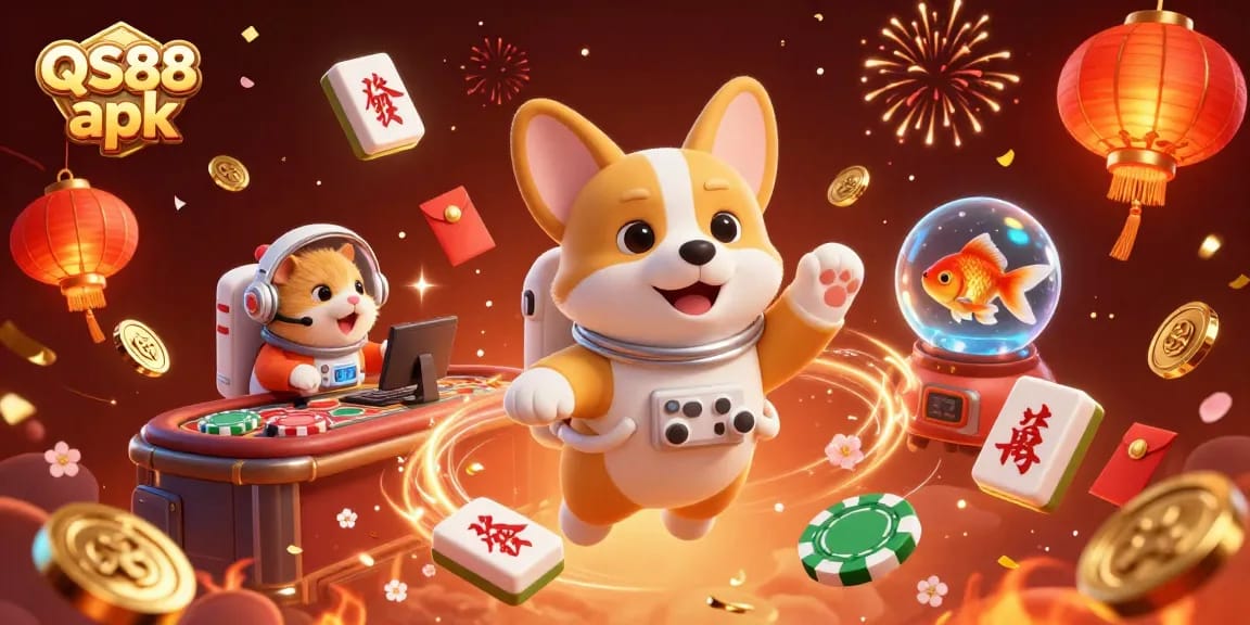 Experience the excitement of the QS88 apk casino adventure with a whimsical 3D corgi floating through a vibrant space-themed game.