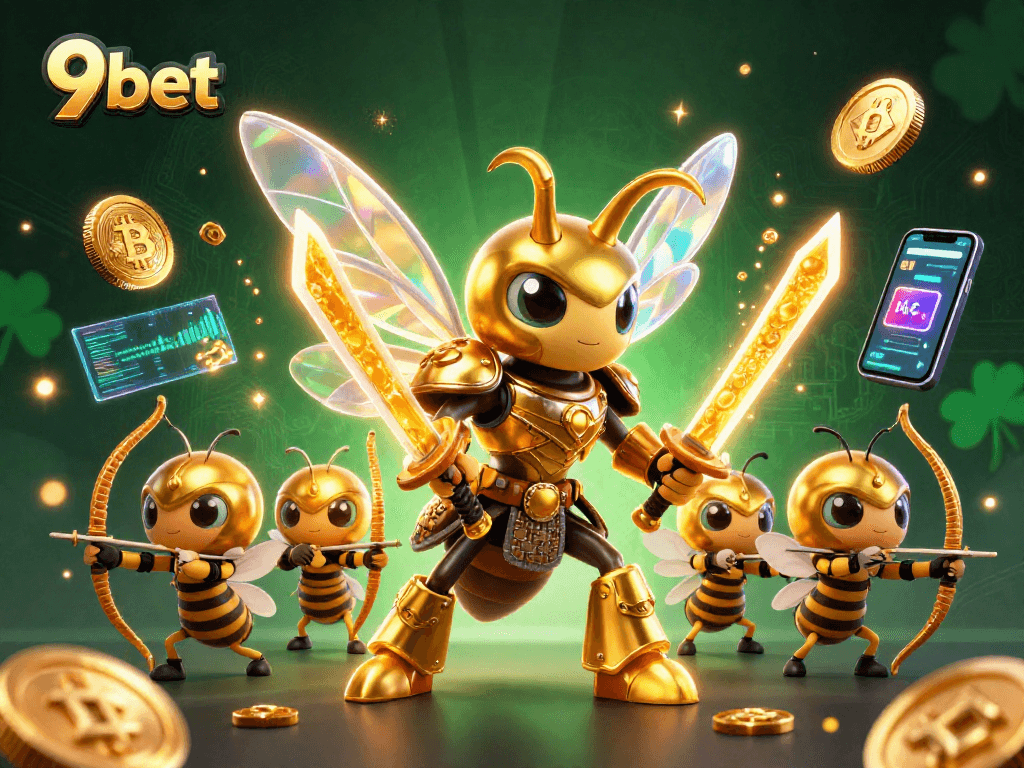 Engage in thrilling gameplay with the 9bet themed 3D illustration showcasing crypto and casino elements.