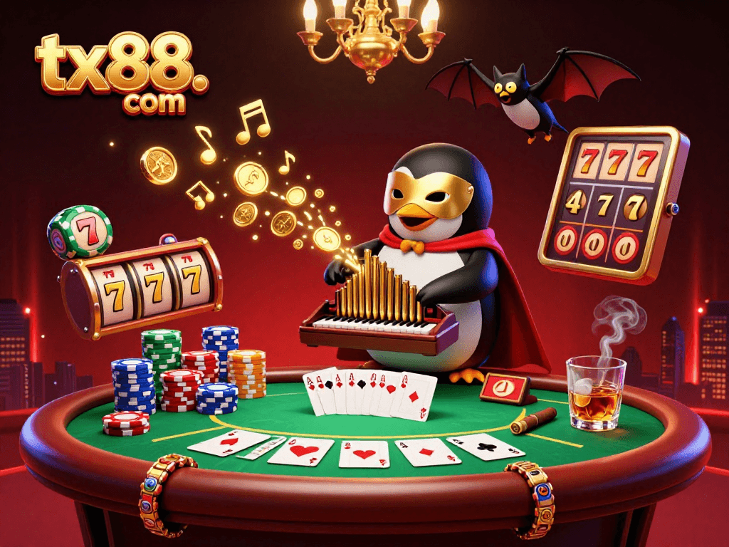 Experience the thrill of gaming at tx88. com with a vibrant 3D cartoon casino scene filled with engaging characters and casino elements.