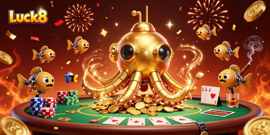 Luck8 captivates with its golden kraken submarine and vibrant casino elements in a thrilling scene.