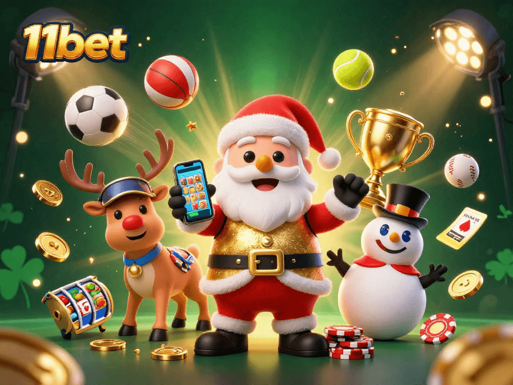 Experience festive fun with 11bet as Santa, a reindeer dealer, and a poker chip snowman celebrate big wins.