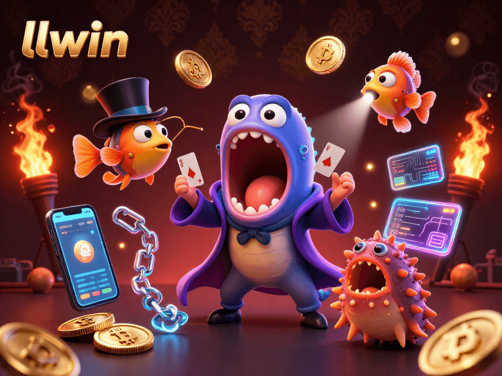 LLwin showcases an imaginative 3D illustration with characters performing magic tricks surrounded by crypto elements.