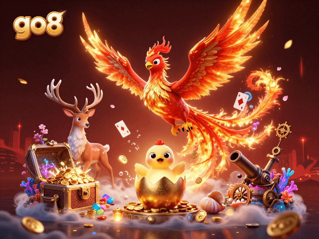 Win big with go8's 3D casino experience featuring vibrant characters and treasure!