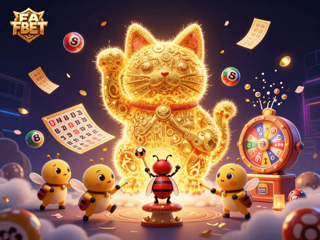 Engage with FA BET's vibrant 3D casino experience, featuring a lucky cat and dynamic game elements.