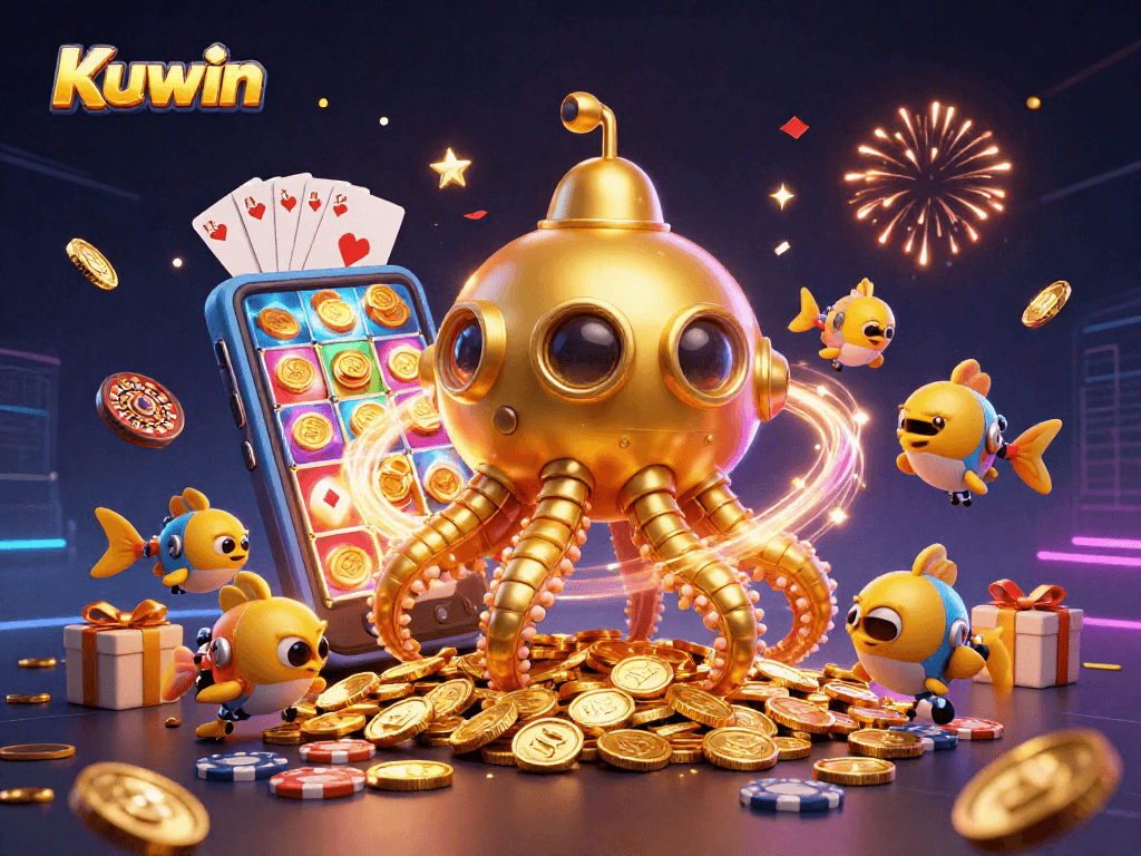 Kuwin's captivating golden kraken submarine surfacing through coins, showcasing thrilling gambling excitement