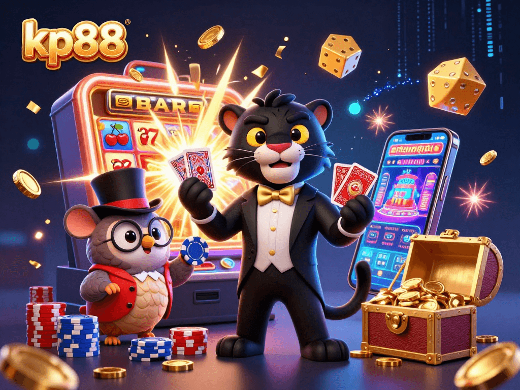 Engaging kp88 illustration of a panther dealing cards, an owl with poker chips, and a lucky mouse amidst dynamic casino elements.