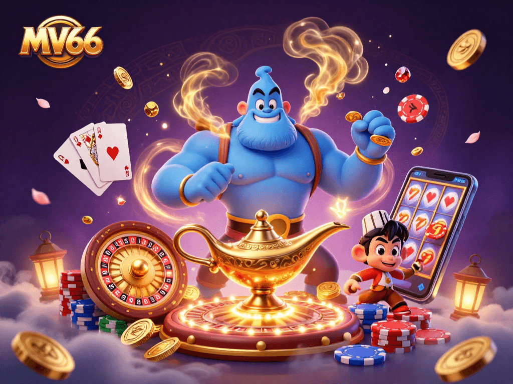 Experience excitement with MV66's thrilling casino magic featuring poker chips, coins, and golden gems.