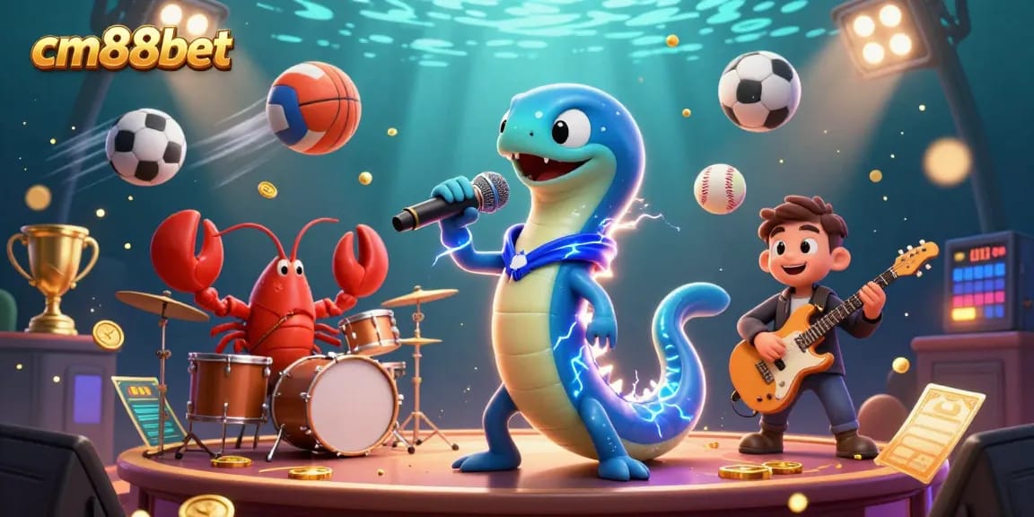 Engage with cm88bet's vibrant underwater casino featuring an electric eel DJ and dynamic game elements.