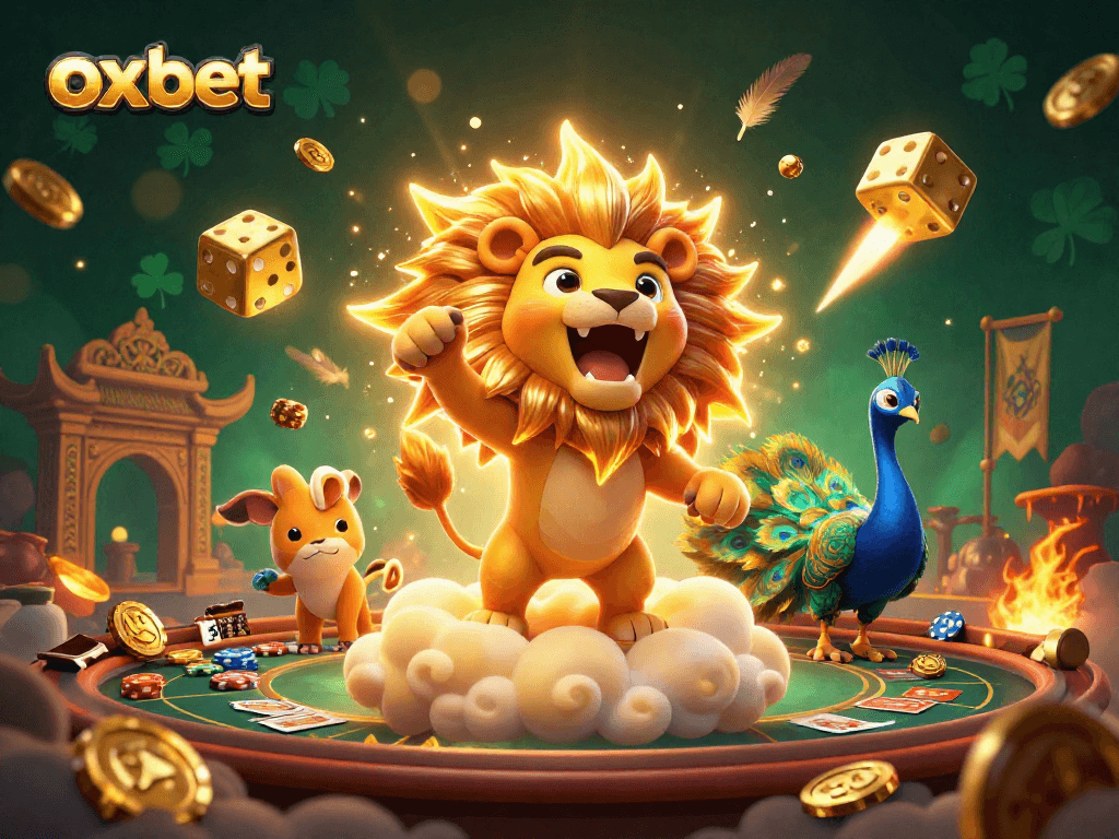 Engage with oxbet's vibrant casino scene featuring a roaring lion, golden dice, and colorful chips.