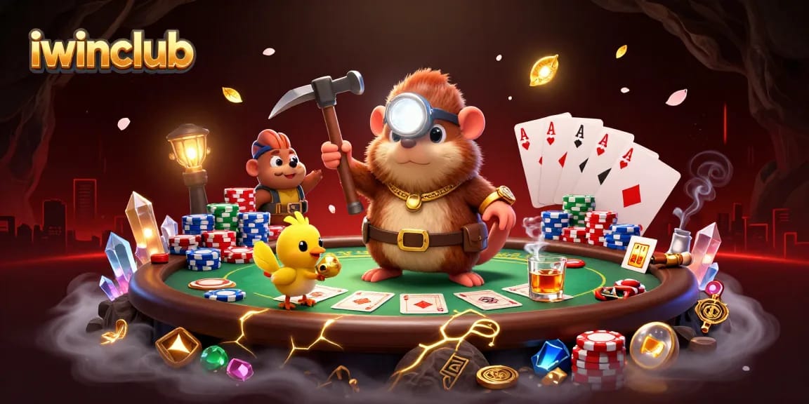 Engage in the vibrant iwinclub casino scene with a treasure hunter mole and poker action.