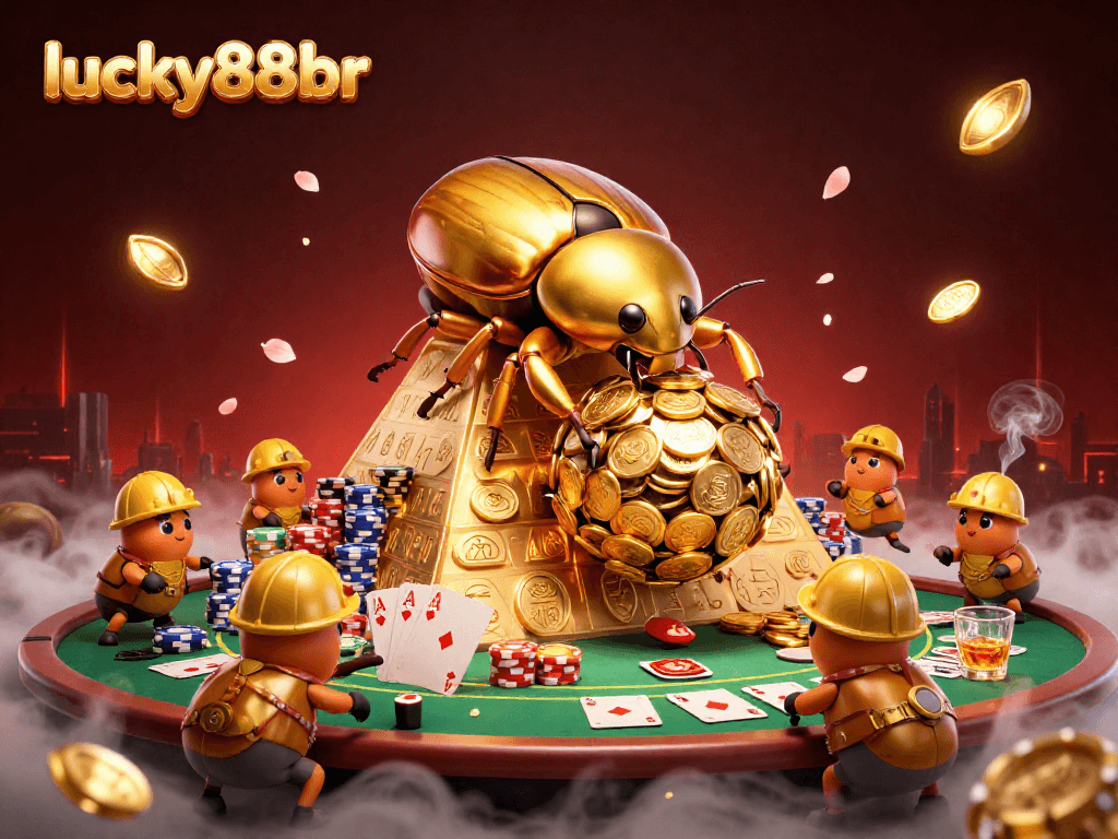 Engage with lucky88br's vibrant poker scene featuring golden beetles and rich casino elements.