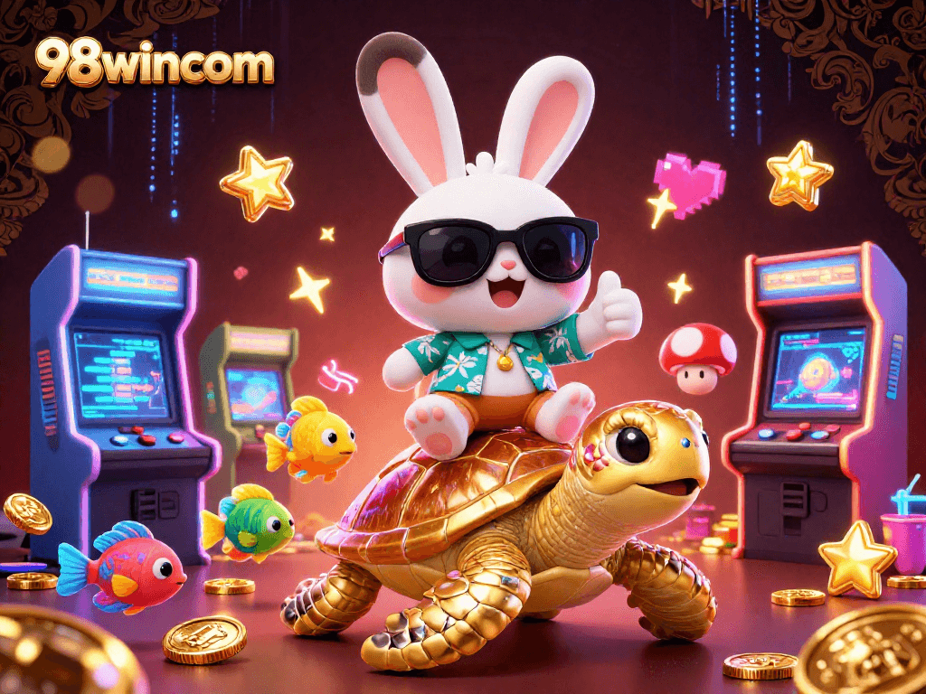 Engage with 98wincom's vibrant casino adventure featuring lucky rabbit and golden sea turtle.