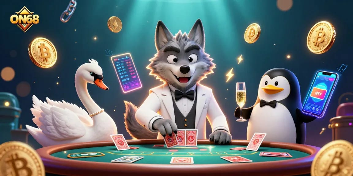 Experience the excitement at ON68 with a debonair wolf, elegant swan, and a penguin presenting champagne at a vibrant casino.