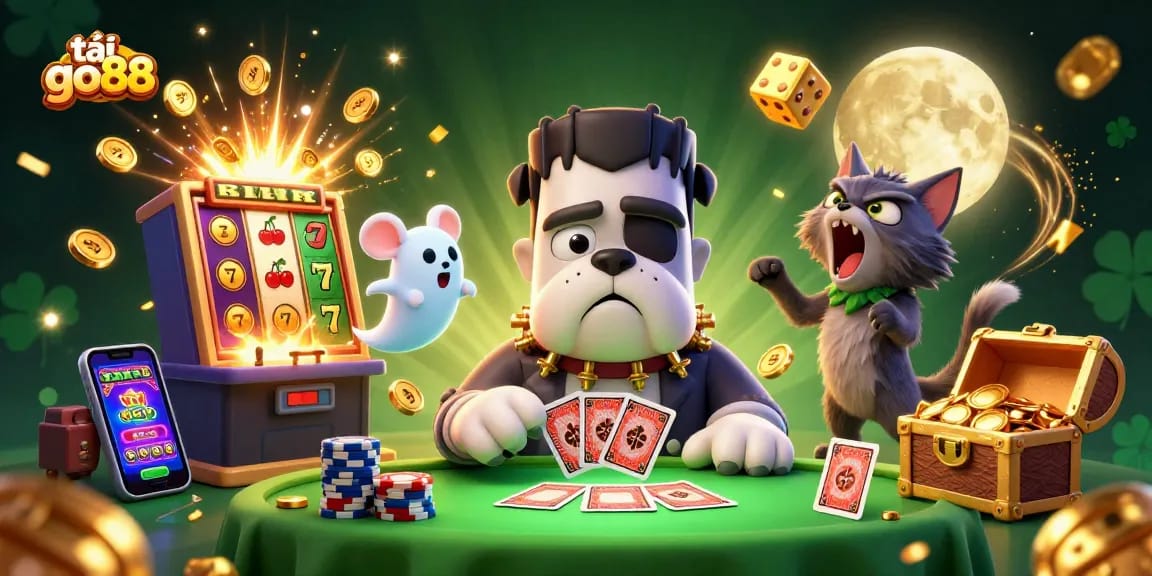Join the action and tải go88 with a lively 3D casino scene featuring monsters and exciting game symbols.