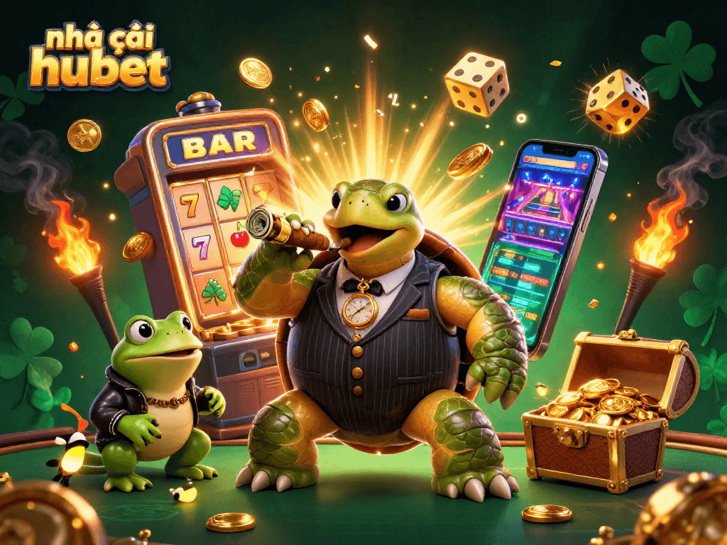 Experience thrilling action at nhà cái hubet with a dynamic scene featuring casino elements and vibrant characters.