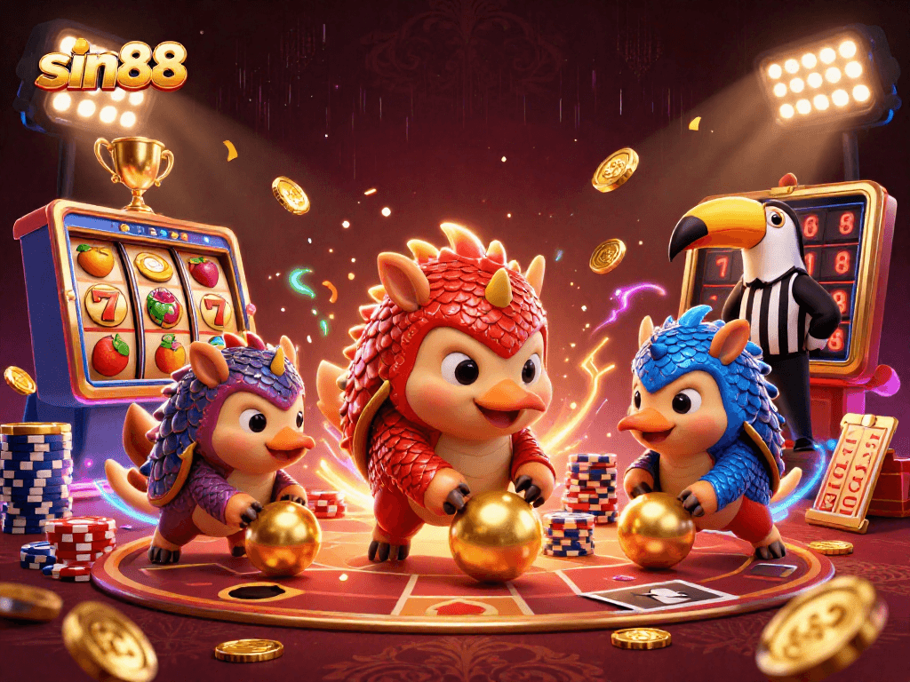 Experience thrilling gameplay at sin88 with vibrant pangolins bowling through casino elements.