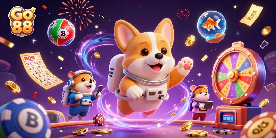 Engage in exciting plays at Go 88 casino with dynamic action in a vibrant illustrated scene.