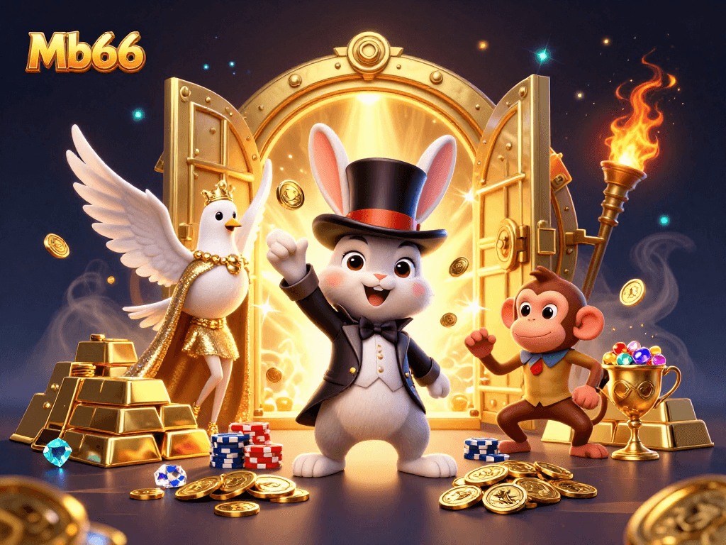 Win big at Mb66 with magic elements featuring a rabbit and coins in a vibrant casino scene.