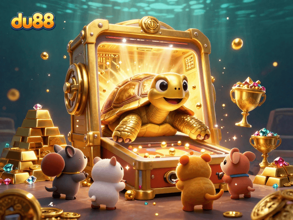 Join the excitement at du88 with a colossal golden tortoise pinball machine in a vibrant casino scene.