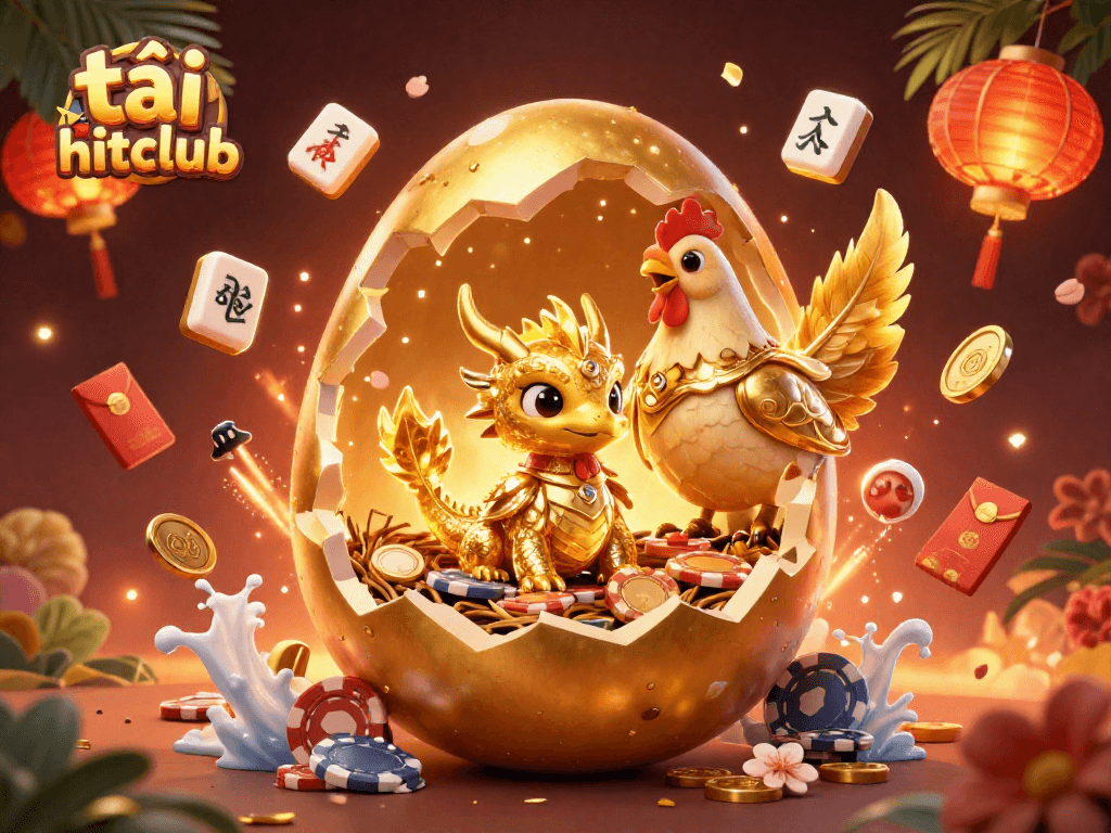 Win big with tải hitclub as the baby dragon emerges from a golden egg amidst poker chips.