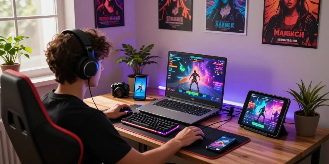 Enjoying porn games online in a cozy gaming setup with laptops and vibrant decor