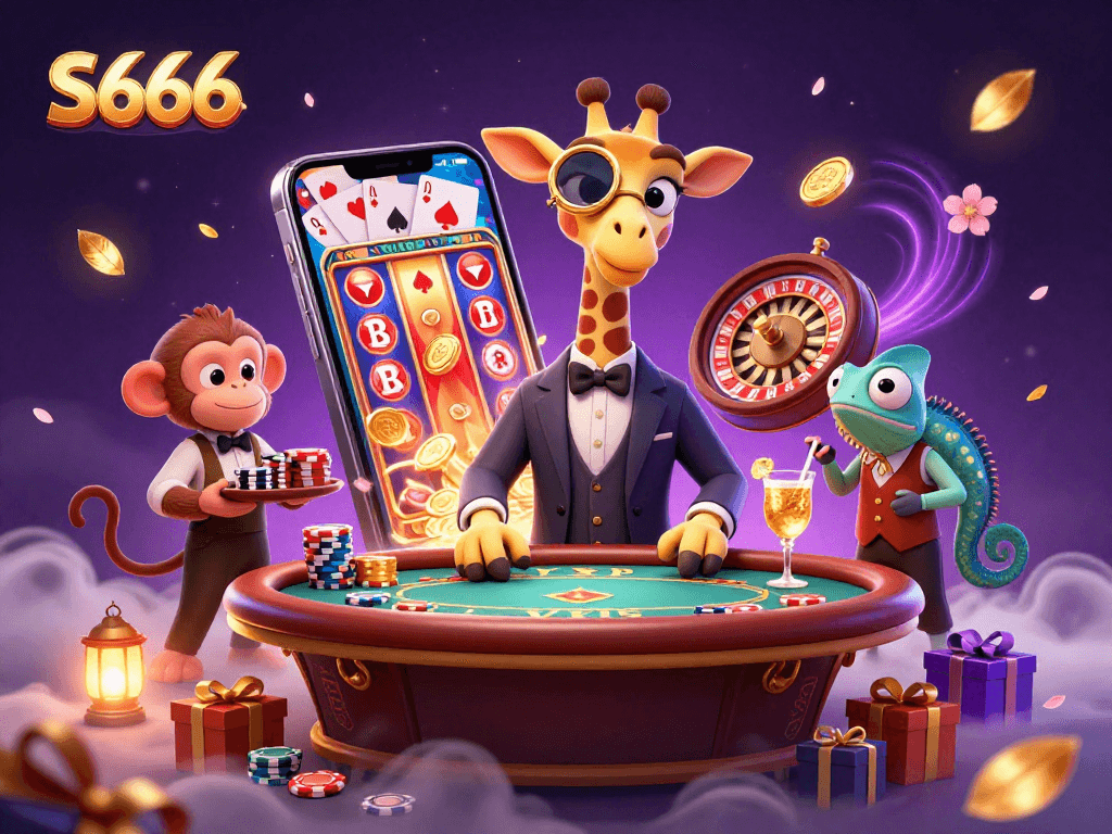 S666 high-roller giraffe at a poker table, surrounded by vibrant casino action in a cartoon style.