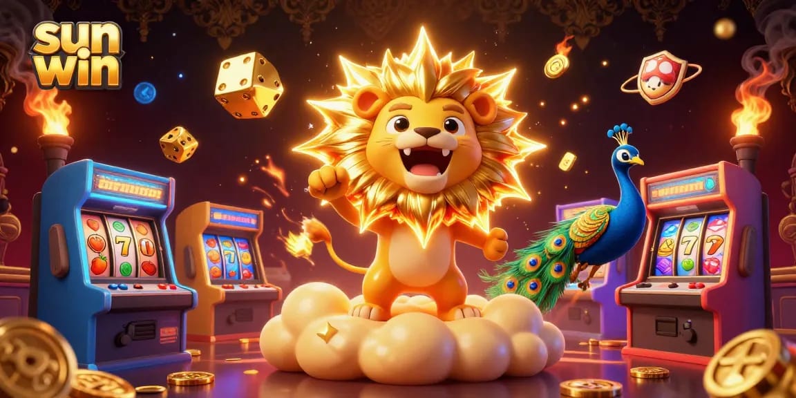 Engage with the vibrant sun win scene featuring a roaring lion, golden dice, and dynamic gaming elements.