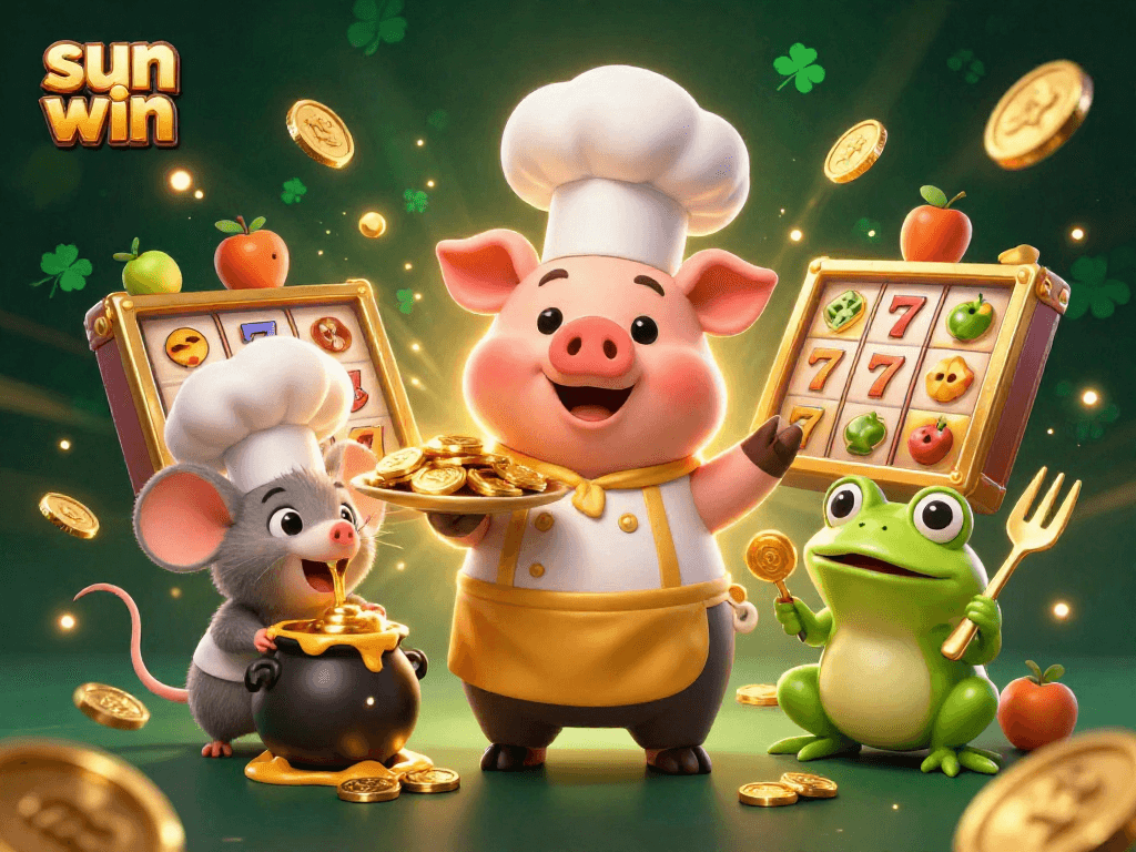 Experience the thrill of sun win with a lively 3D illustration of casino characters surrounded by slot elements.