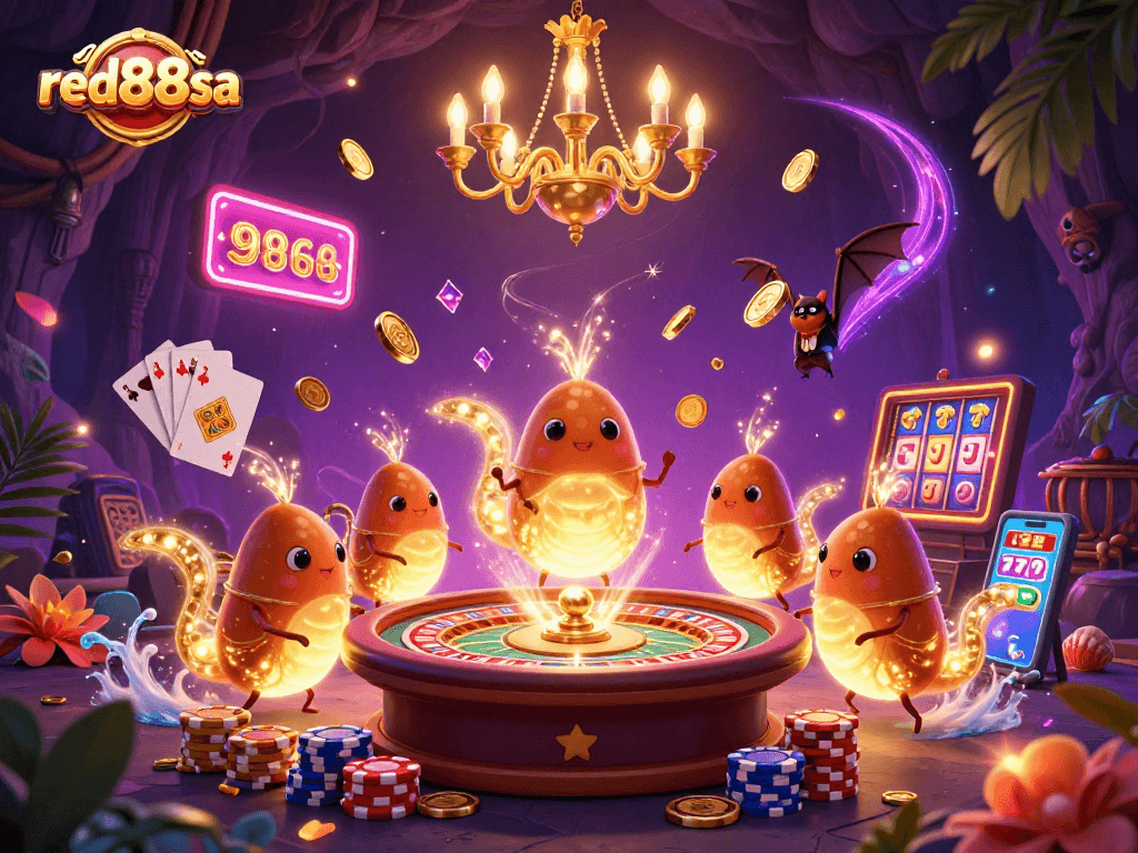 Experience the vibrant glow of red88sa's casino scene with glowworms and a bat dealer.