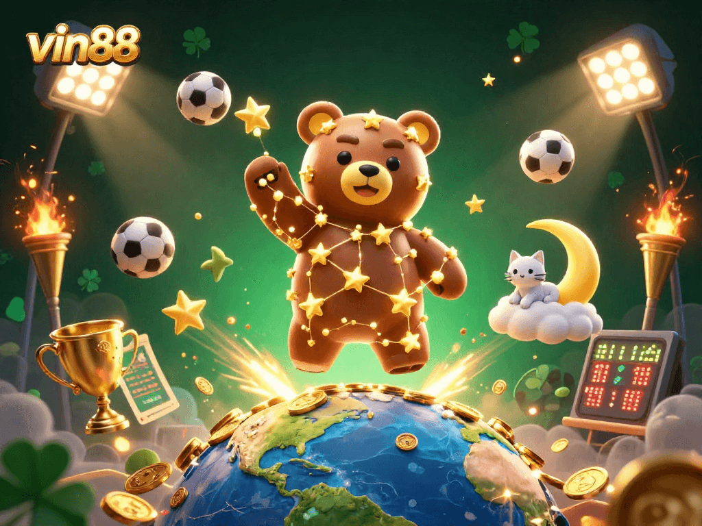vin88 showcases a vibrant 3D illustration capturing the thrill of sports betting with dynamic elements.