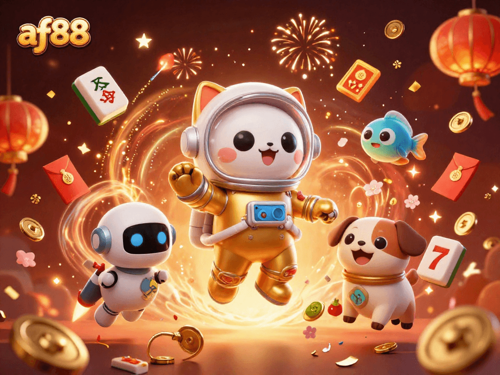 Experience thrilling action with af88 as the space astronaut cat and robot dog celebrate gaming excitement.