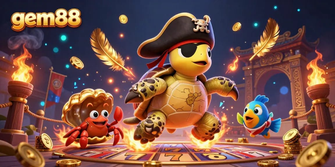 Spin the slots with gem88's pirate-themed jackpot illustration, featuring lively characters and shimmering gold.