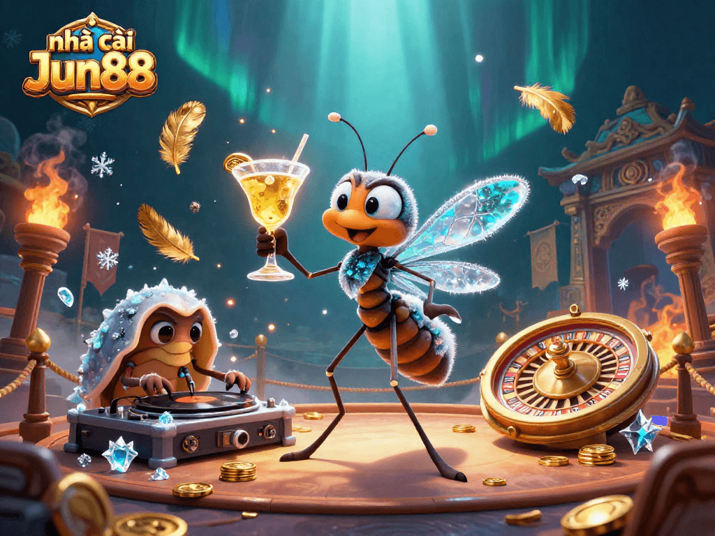 Engage with nhà cái Jun88 as a dynamic casino scene featuring vibrant characters and gambling elements.