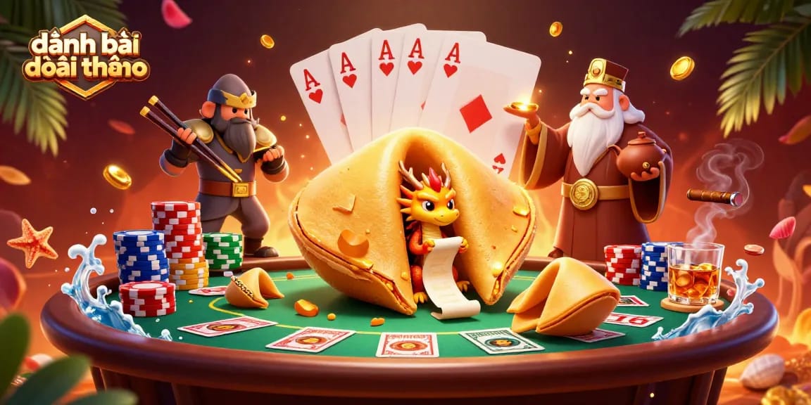 Engage in đánh bài đổi thưởng atop a poker table surrounded by rich casino elements and magical characters.