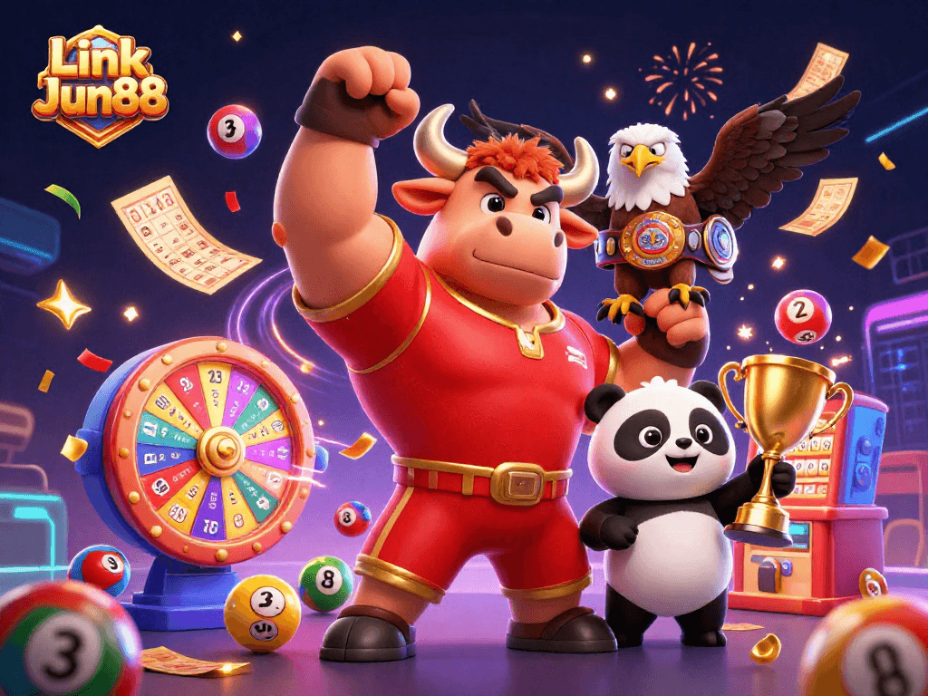 Win big with Link Jun88, featuring a joyful bull mascot and friends in a celebratory casino scene.
