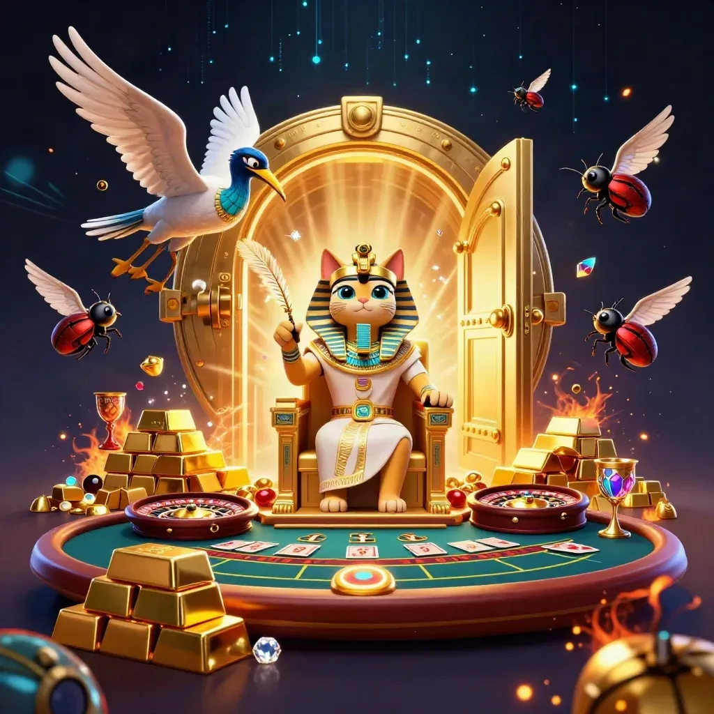 Pharaoh cat and ibis scribe amid treasure glow, scarab wings, roulette wheel, and casino lights