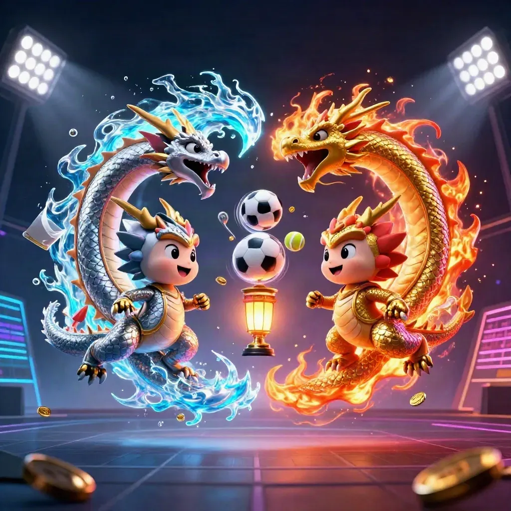 Gold and silver dragons spiral amid casino balls, trophy, coins, and neon lights