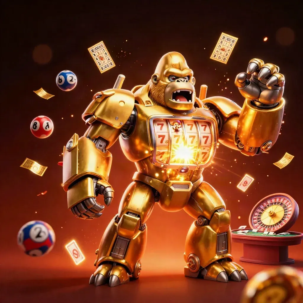 Golden gorilla slot-mech with tiny monkey pilot amid reels, roulette, lottery balls and fiery casino glow.