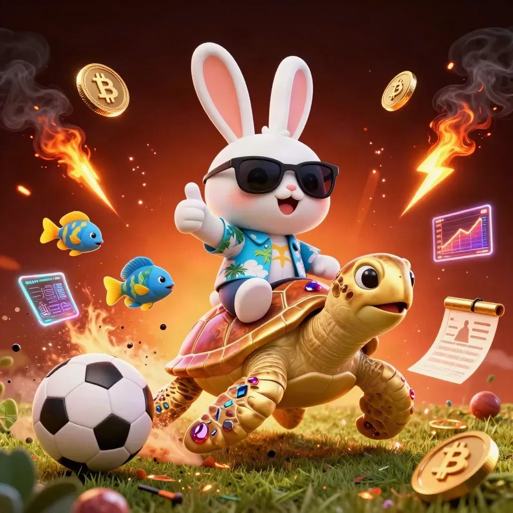 Lucky rabbit on a gem-shell sea turtle with crypto coins, soccer ball, basketball, and embers.