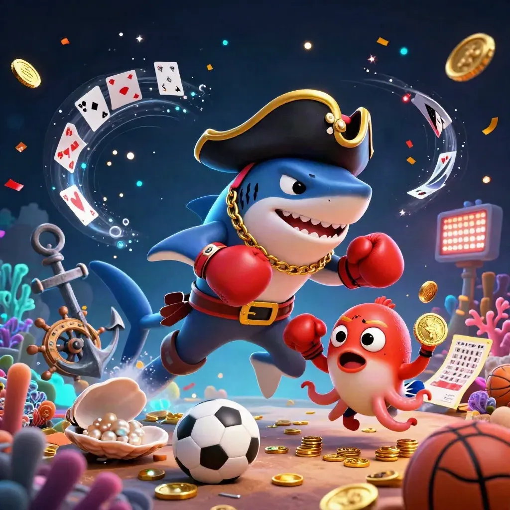 Pirate shark, boxing pufferfish, and coin-juggling octopus amid casino treasure and neon sparks.