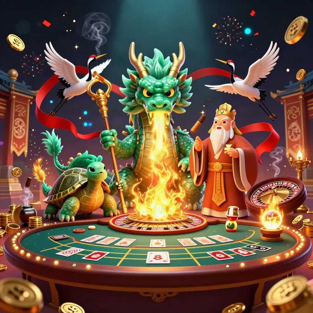Jade dragon, turtle sage and cranes in a fiery neon casino tableau with brass, coins and magical light.