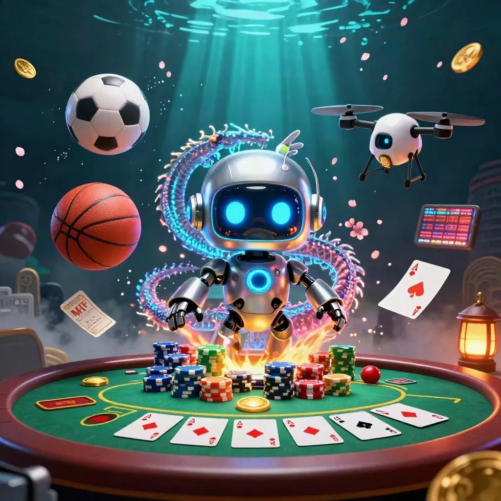 Robot mascot, digital dragon, and coin drone amid flying balls, chips, and casino sparks.