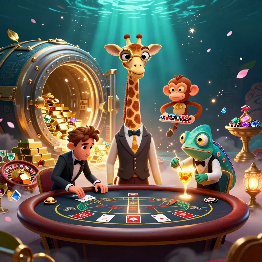Giraffe, monkey, and chameleon in a glowing casino vault with gold, gems, and lights