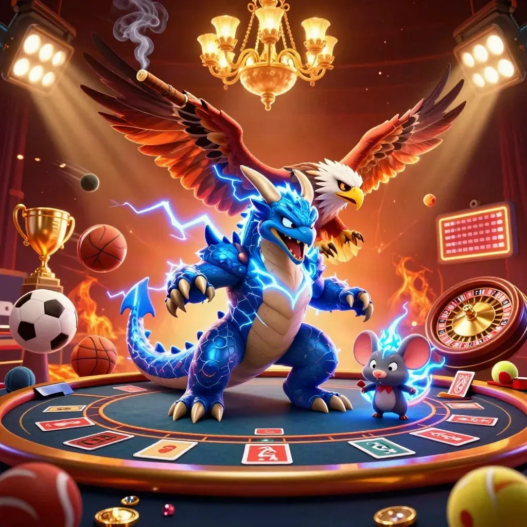 Thunder dragon, wind hawk, and static mouse in a luxe casino room with glowing sports props.
