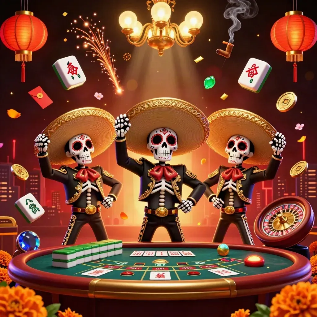 Day-of-the-Dead mariachi skeleton trio amid a neon casino storm of gold, red, and jade.